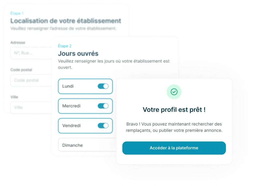 Écran de configuration du profil établissement : localisation et jours ouvrés