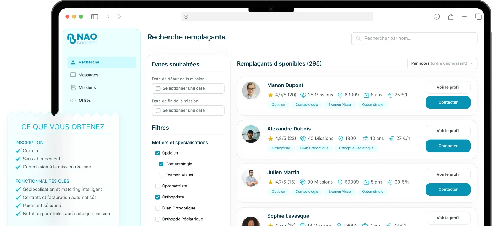 Tableau de bord NAO Connect de recherche de remplaçants