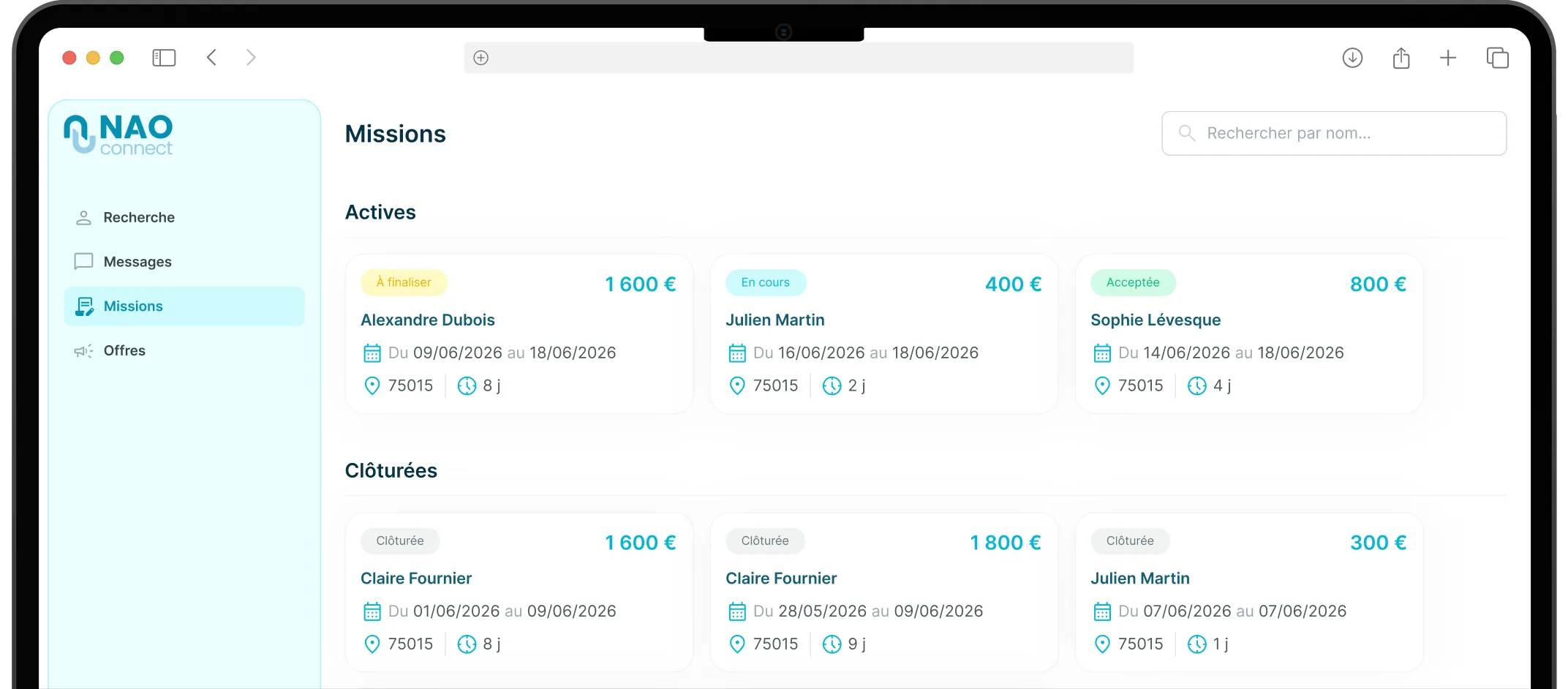 Tableau de bord des missions NAO Connect