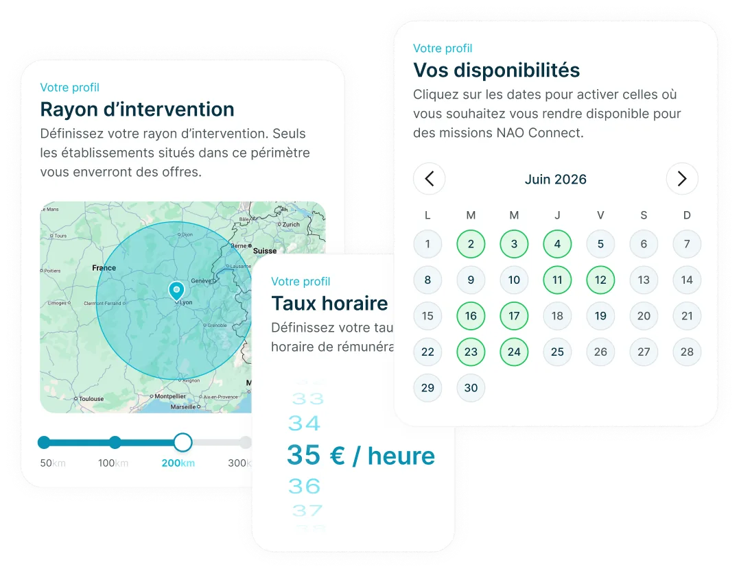 Écran de configuration du profil : rayon d'intervention, disponibilités et taux horaire
